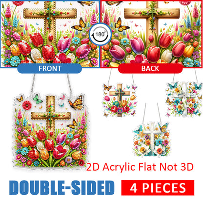 4Pcs Flower Cross 2D Flat DIY Special Shape Diamond Art Hanging Pendant Kit