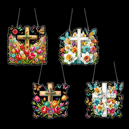 4Pcs Flower Cross 2D Flat DIY Special Shape Diamond Art Hanging Pendant Kit