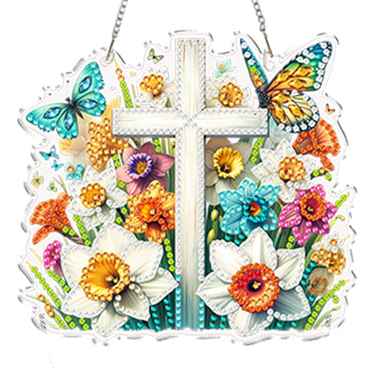 4Pcs Flower Cross 2D Flat DIY Special Shape Diamond Art Hanging Pendant Kit