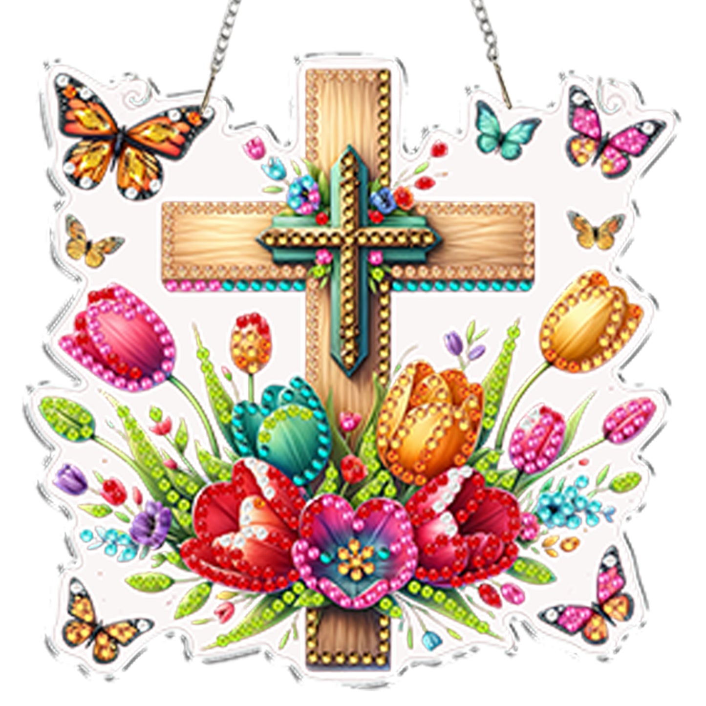 4Pcs Flower Cross 2D Flat DIY Special Shape Diamond Art Hanging Pendant Kit