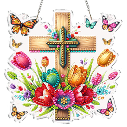 4Pcs Flower Cross 2D Flat DIY Special Shape Diamond Art Hanging Pendant Kit