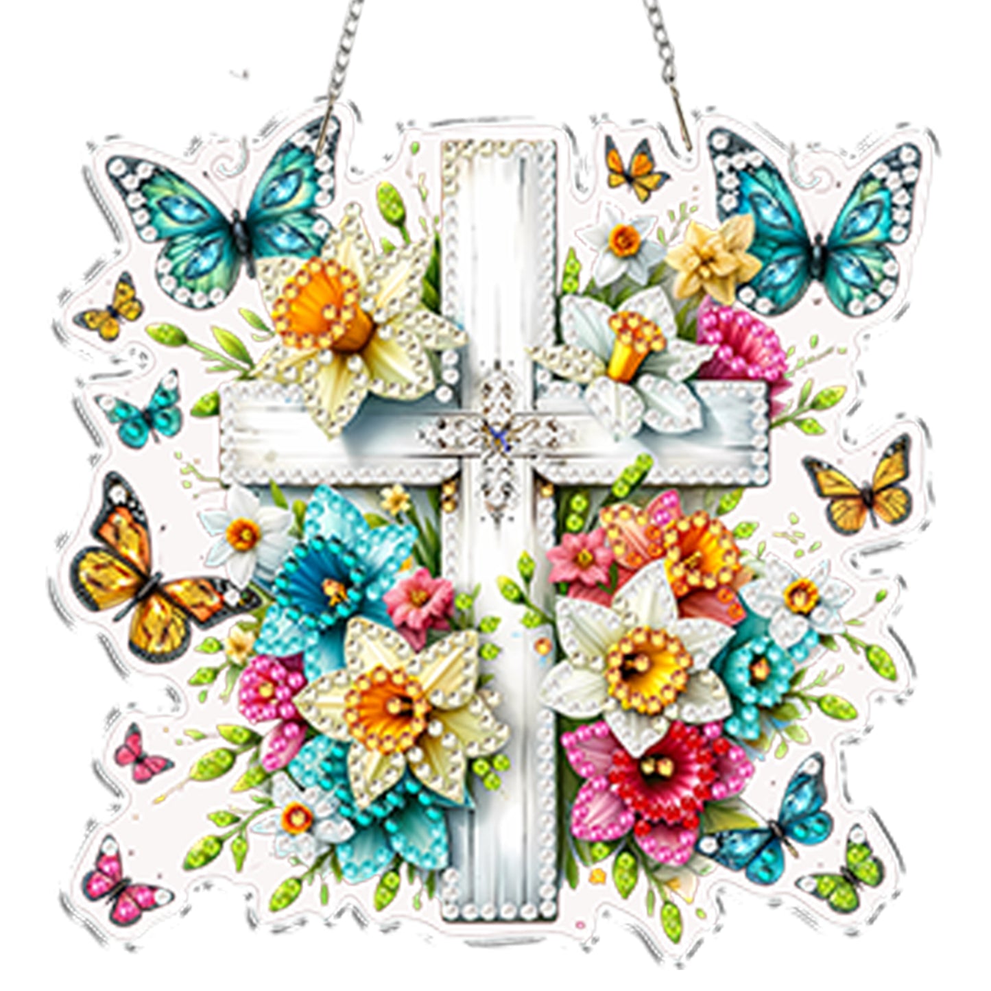 4Pcs Flower Cross 2D Flat DIY Special Shape Diamond Art Hanging Pendant Kit