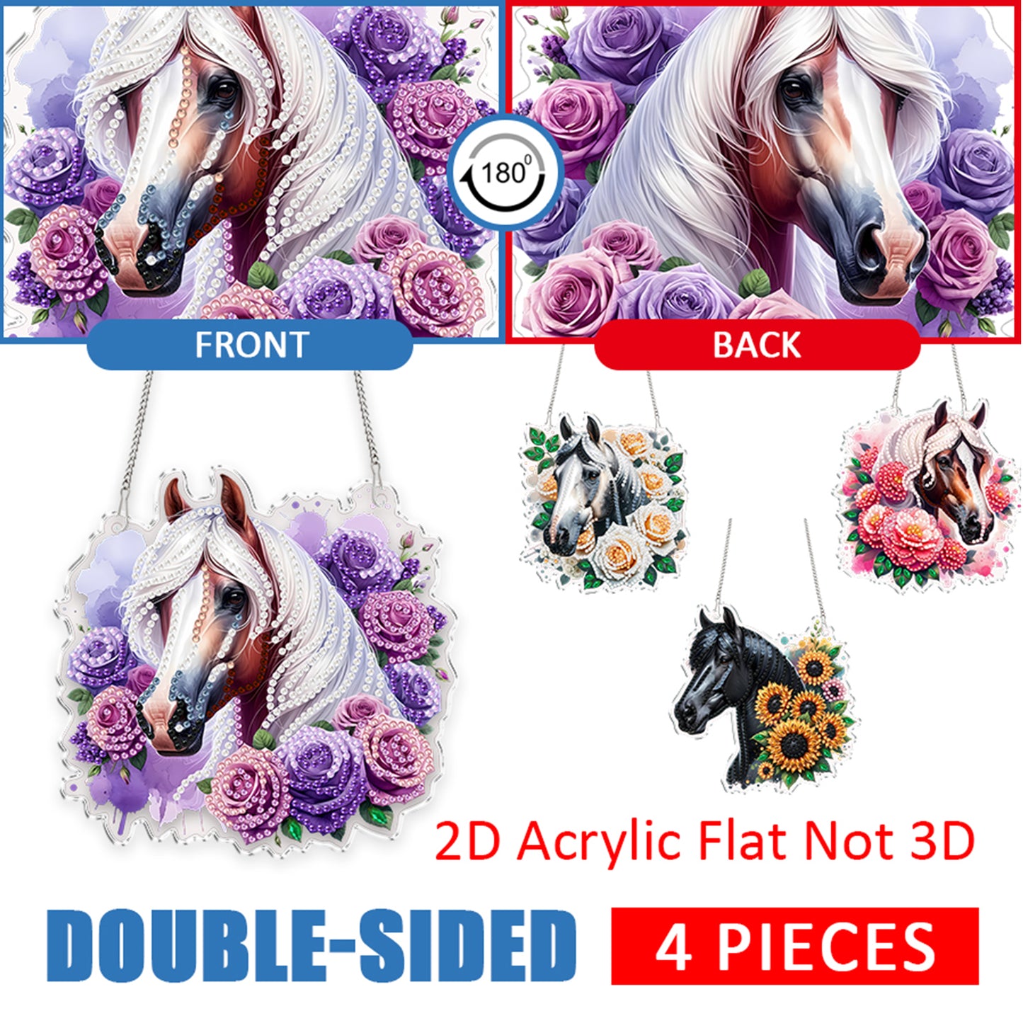 4Pcs Flower Horse 2D Flat DIY Special Shape Diamond Art Hanging Pendant Kit