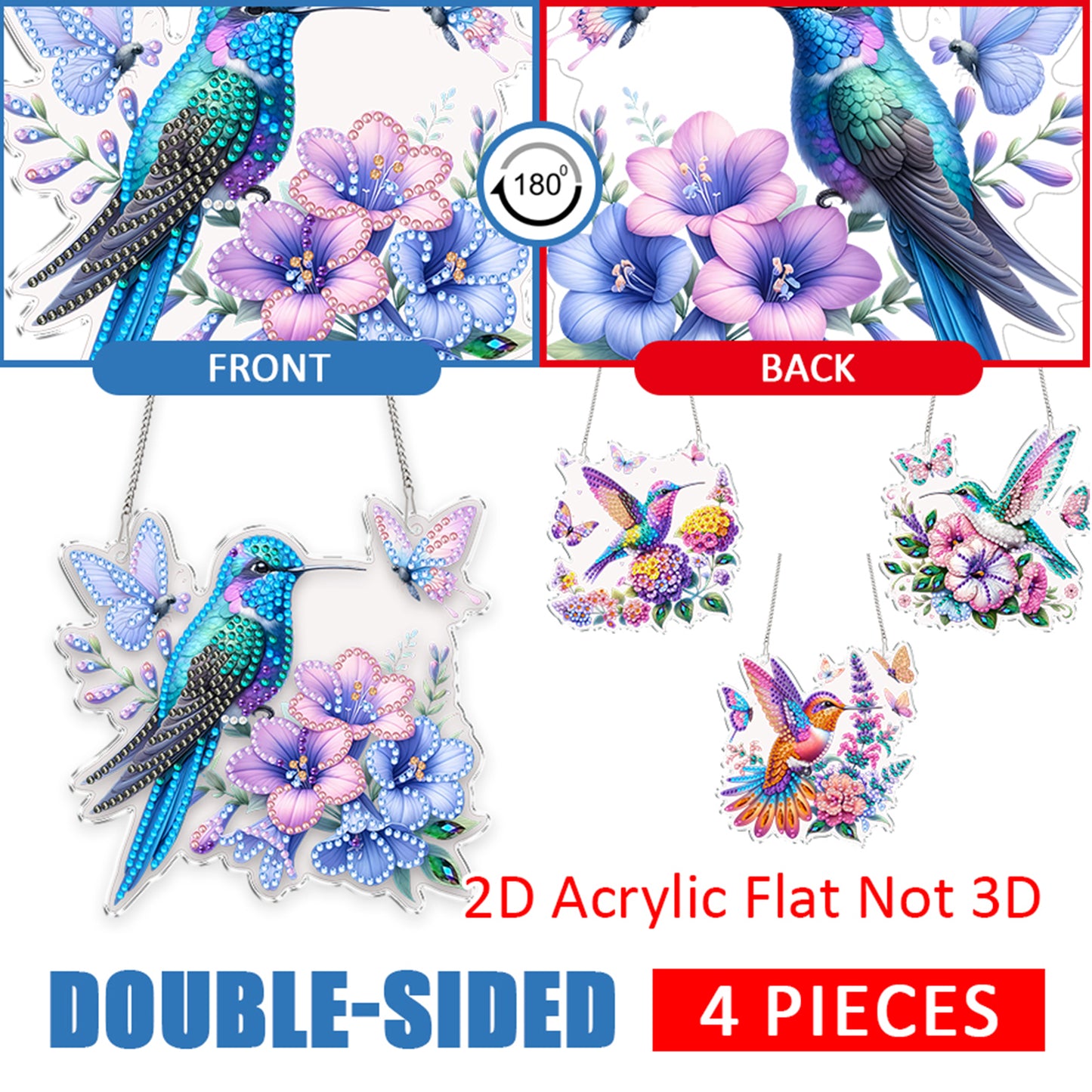 4Pcs Flower Hummingbird 2D Flat DIY Special Shape Hanging Diamond Art Kits
