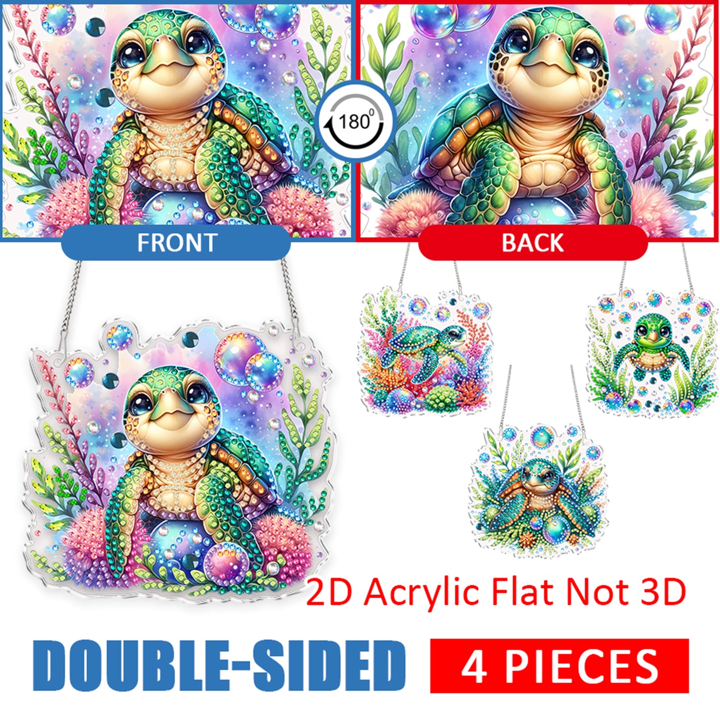 4Pcs Sea Turtle 2D Flat DIY Special Shape Diamond Art Hanging Pendant Kit