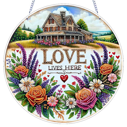 Love Lives Here Floral DIY 2D Flat Acrylic Home Diamond Painting Hanging Pendant