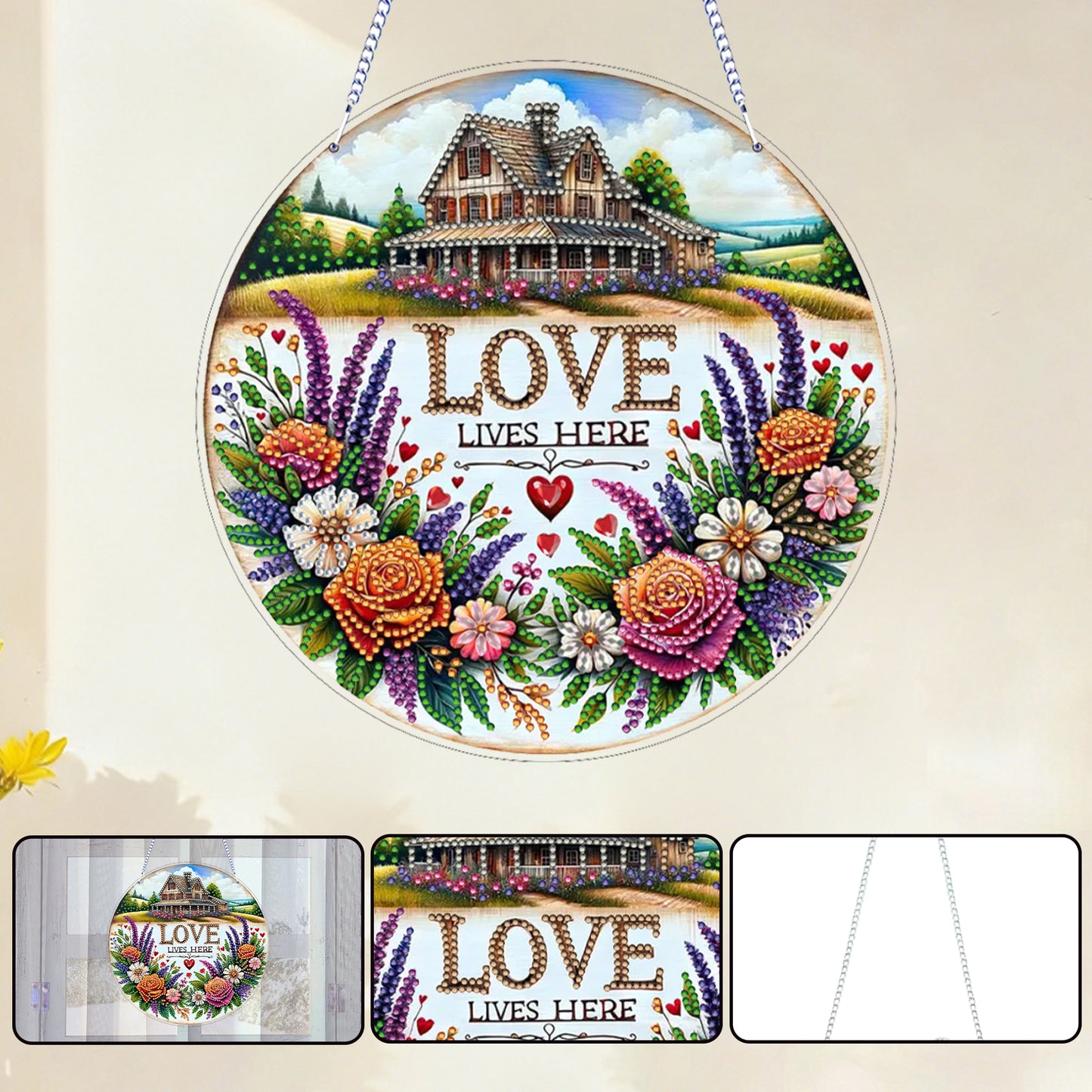 Love Lives Here Floral DIY 2D Flat Acrylic Home Diamond Painting Hanging Pendant