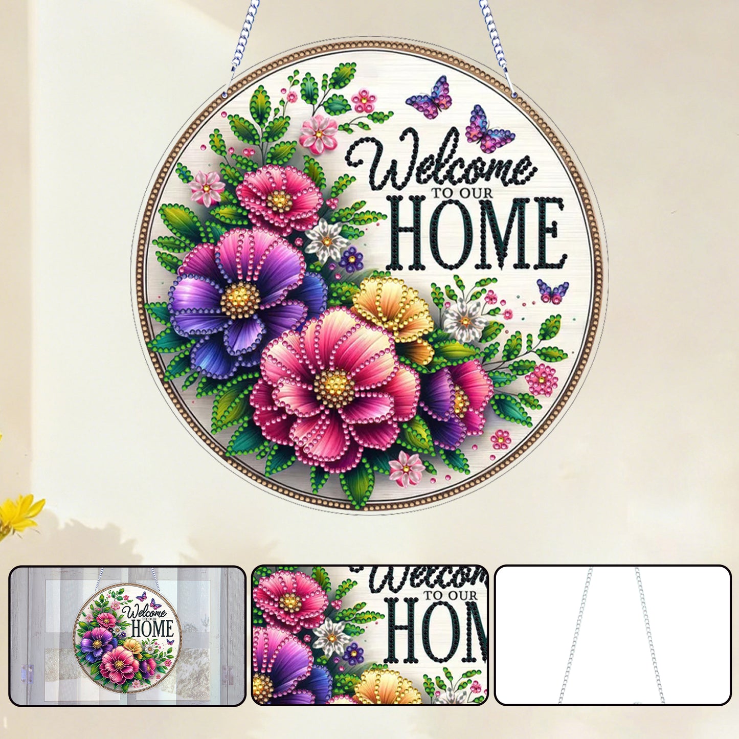 Welcome Home Floral DIY 2D Flat Acrylic Home Diamond Painting Hanging Pendant