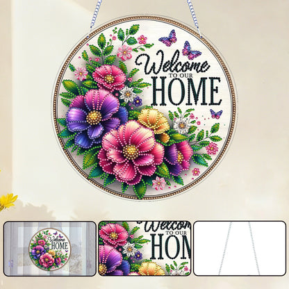 Welcome Home Floral DIY 2D Flat Acrylic Home Diamond Painting Hanging Pendant