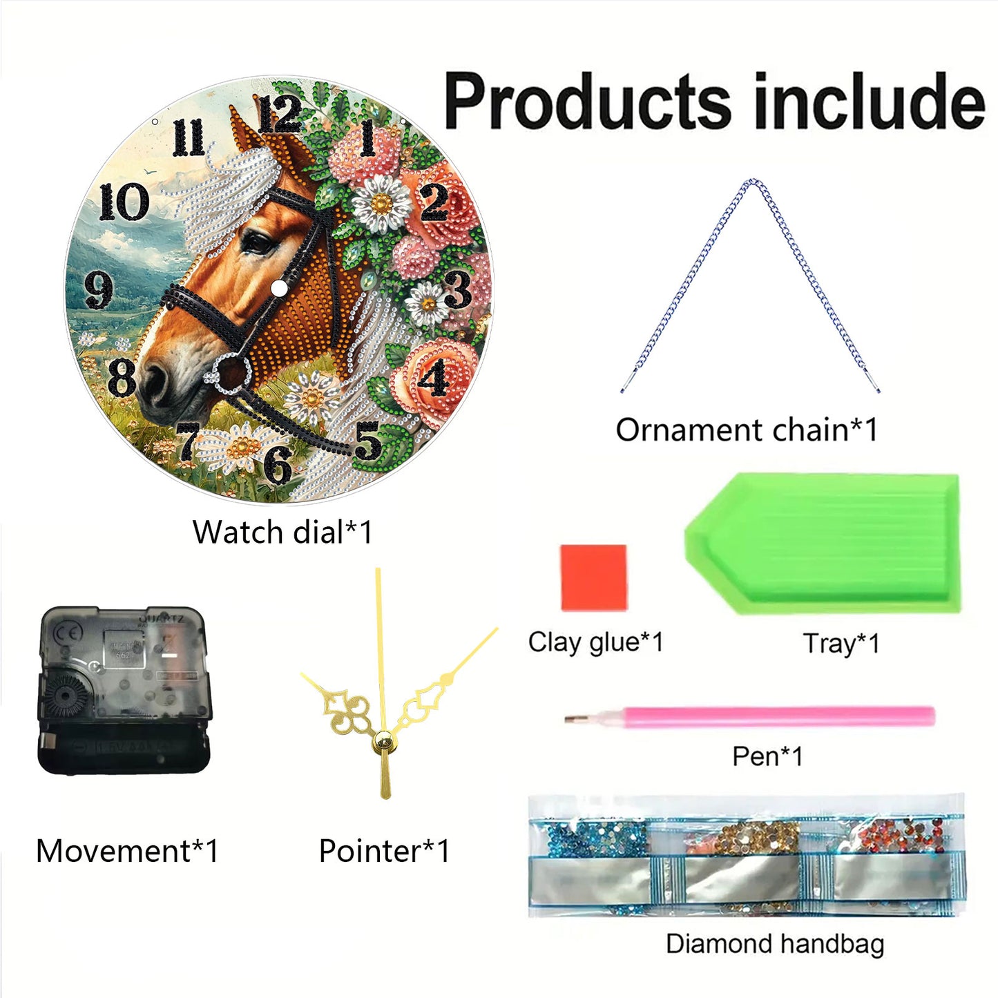 Flower Horse 2D Flat DIY Acrylic Diamonds Painting Clocks Home   Bedroom Decor