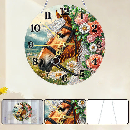 Flower Horse 2D Flat DIY Acrylic Diamonds Painting Clocks Home   Bedroom Decor