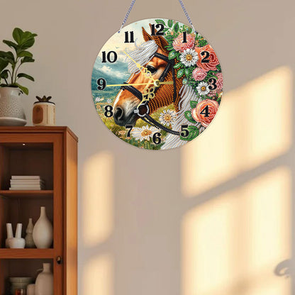 Flower Horse 2D Flat DIY Acrylic Diamonds Painting Clocks Home   Bedroom Decor