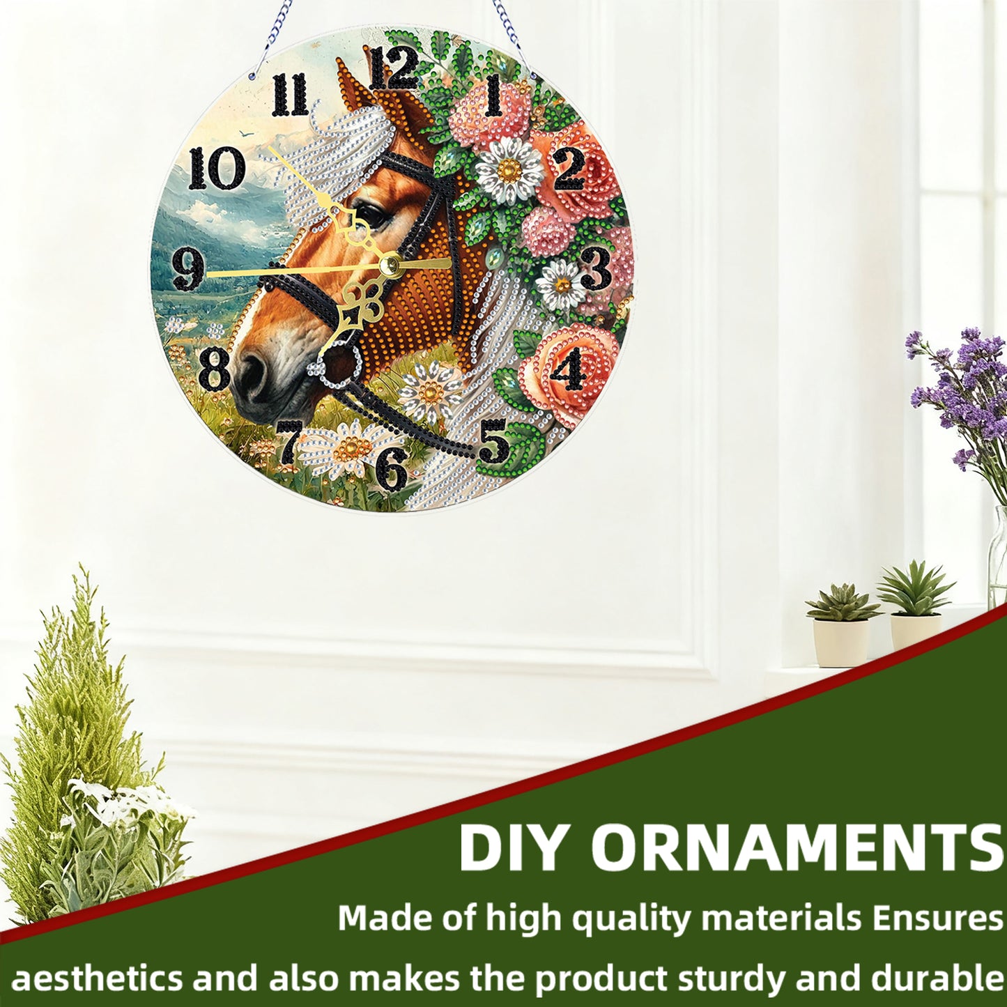 Flower Horse 2D Flat DIY Acrylic Diamonds Painting Clocks Home   Bedroom Decor