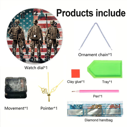 Soldier 2D Flat DIY Acrylic Diamonds Painting Clocks for Living Room Decoration