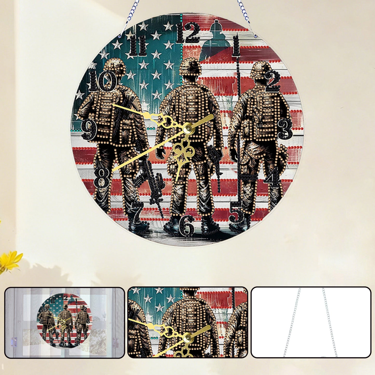 Soldier 2D Flat DIY Acrylic Diamonds Painting Clocks for Living Room Decoration