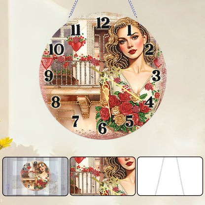 Retro Girl 2D Flat DIY Acrylic Diamonds Painting Clocks Home   Bedroom Decor