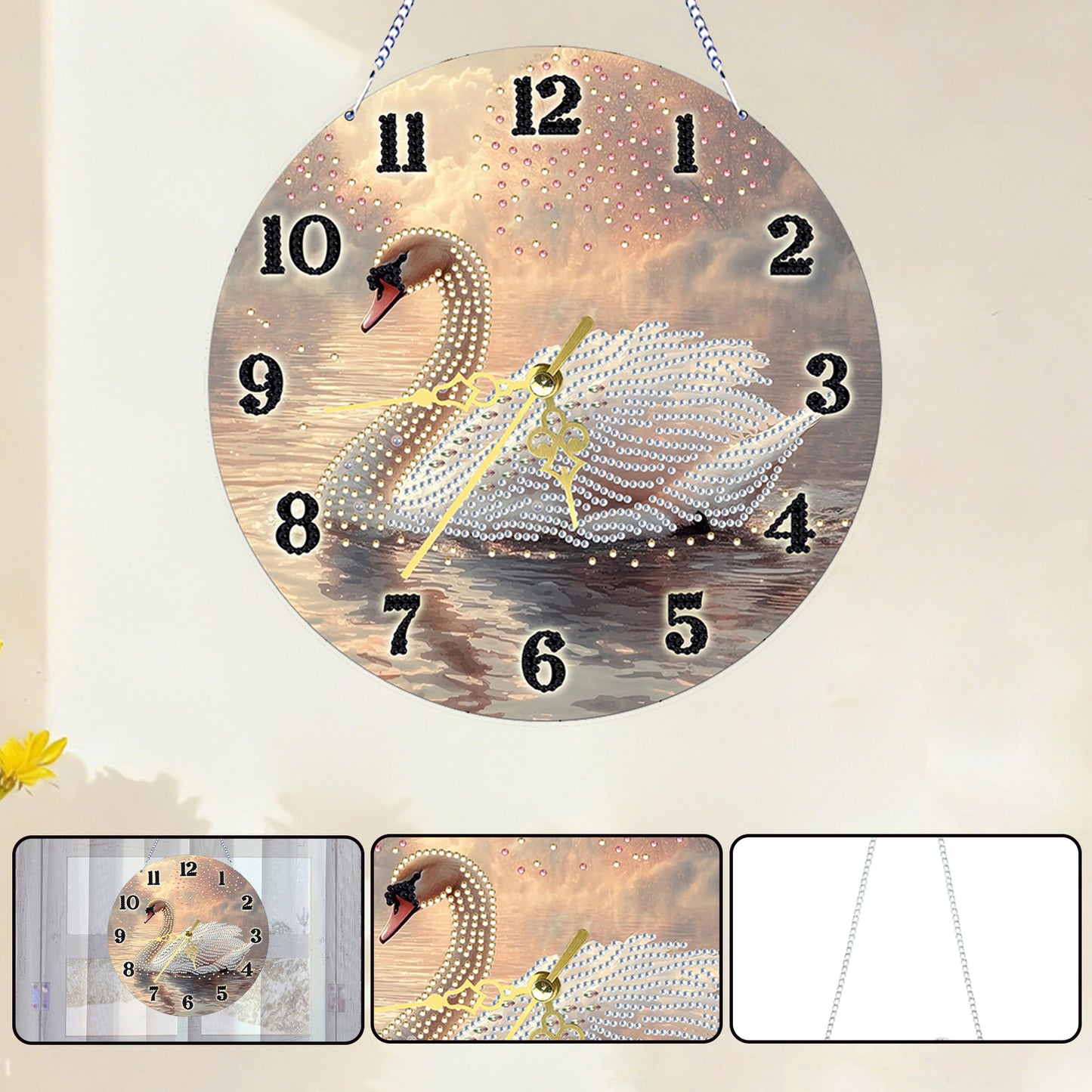 White swan 2D Flat DIY Acrylic Diamonds Painting Clocks Home   Bedroom Decor