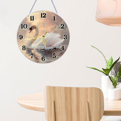 White swan 2D Flat DIY Acrylic Diamonds Painting Clocks Home   Bedroom Decor