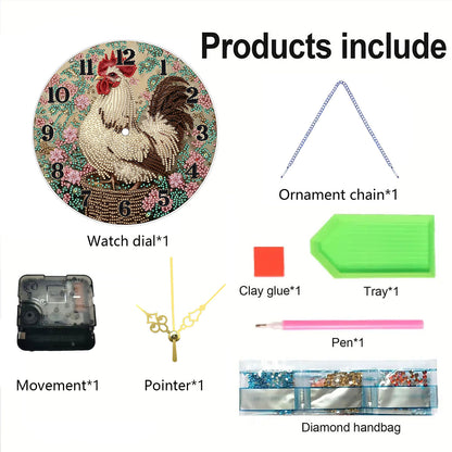 Rooster 2D Flat DIY Acrylic Diamonds Painting Clocks for Living Room Decoration