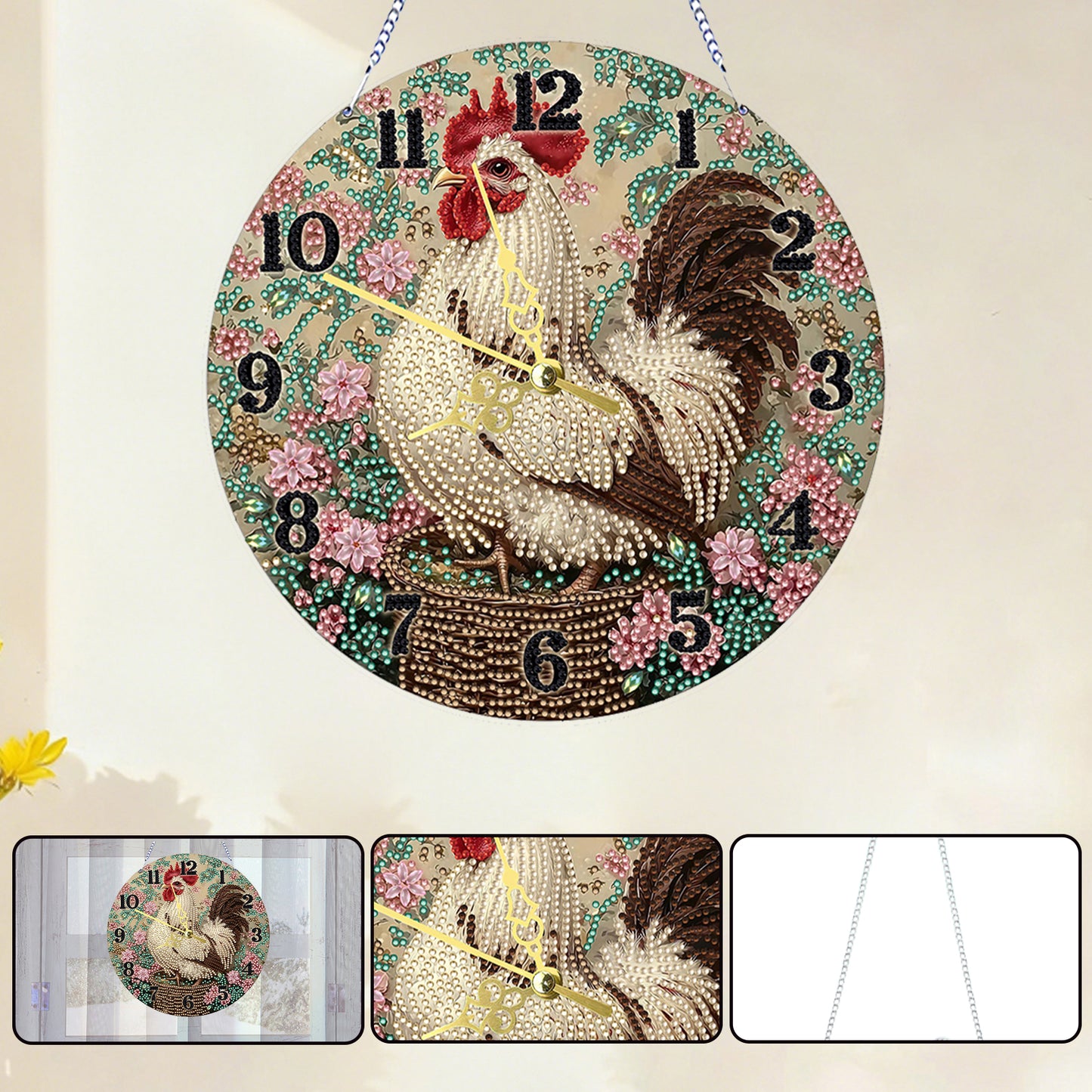 Rooster 2D Flat DIY Acrylic Diamonds Painting Clocks for Living Room Decoration