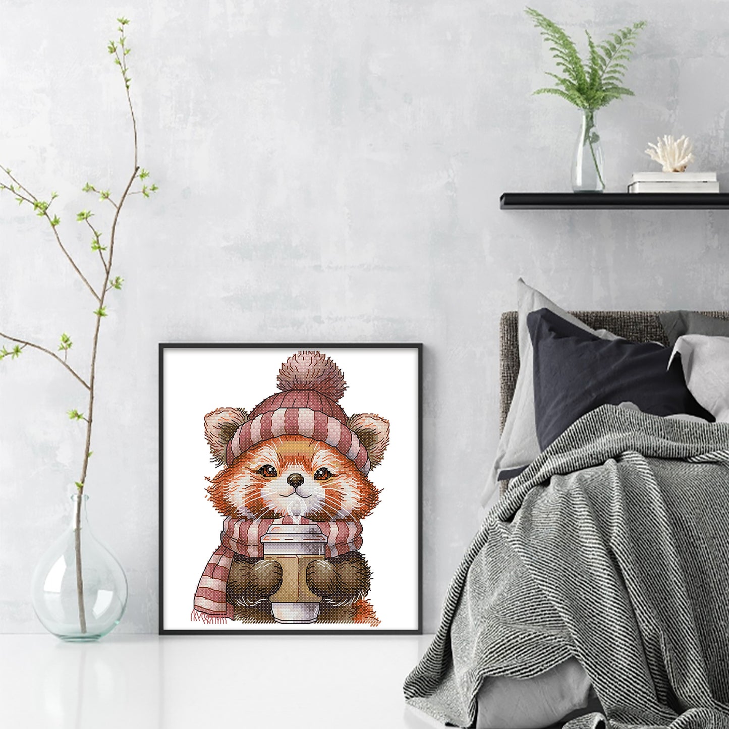 A Little Panda Drinking Coffee - 14CT Stamped Cross Stitch 19*22CM(Joy Sunday)