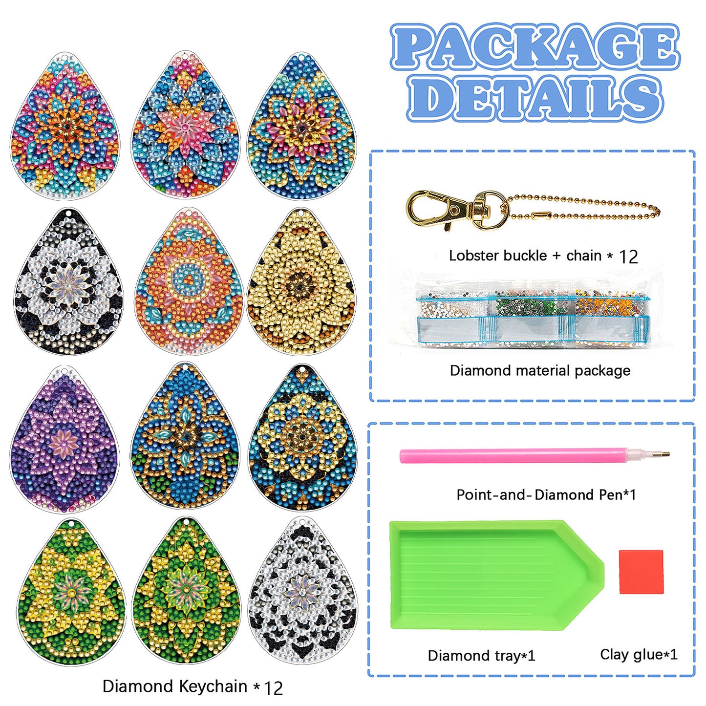 Mandala 12Pcs 2D Flat DIY Diamond Painting Keychain PVC Crystal Painting Keyring