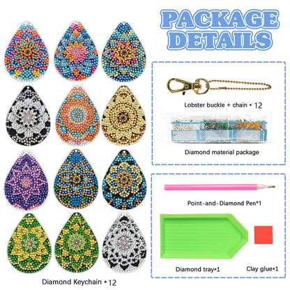 Mandala 12Pcs 2D Flat DIY Diamond Painting Keychain PVC Crystal Painting Keyring