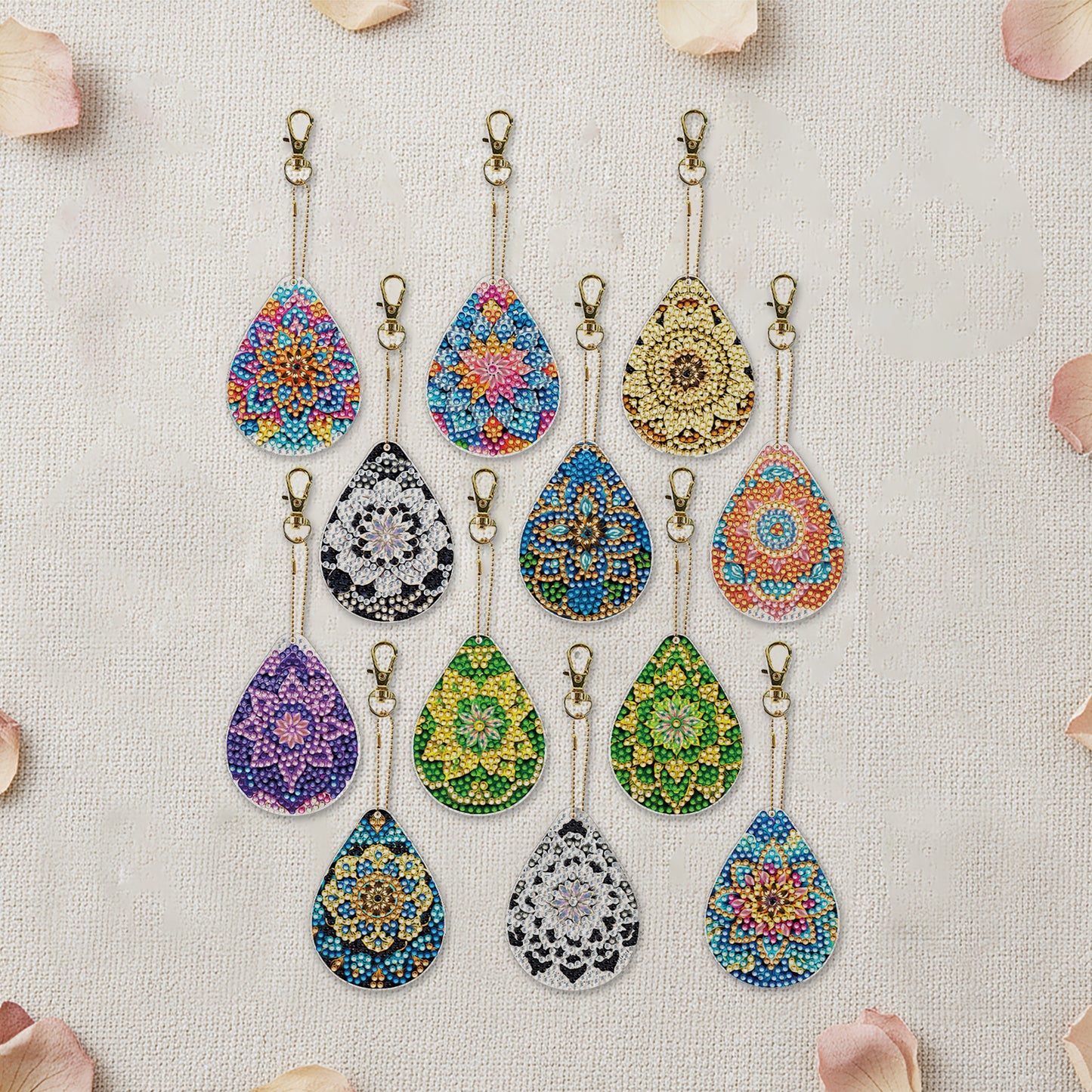 Mandala 12Pcs 2D Flat DIY Diamond Painting Keychain PVC Crystal Painting Keyring