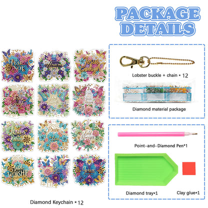 Letters 12Pcs 2D Flat DIY Diamond Painting Keychain PVC Crystal Painting Keyring