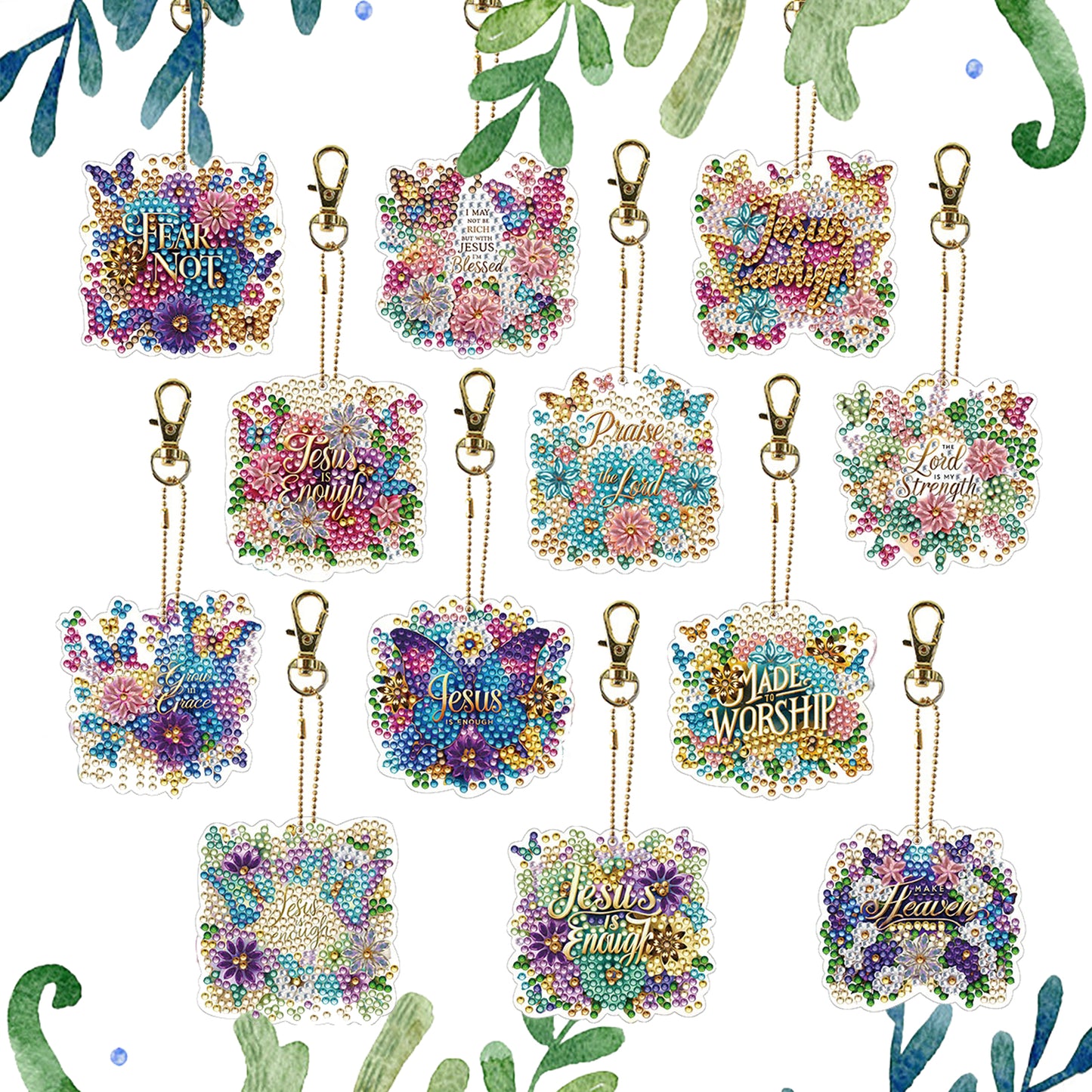 Letters 12Pcs 2D Flat DIY Diamond Painting Keychain PVC Crystal Painting Keyring