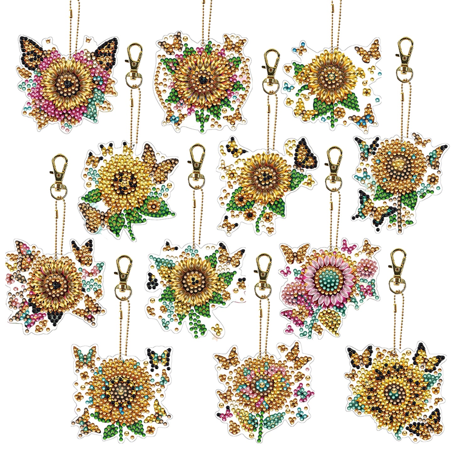 Sunflower 12Pcs 2D Flat DIY Diamond Painting Keychain Crystal Painting Keyring