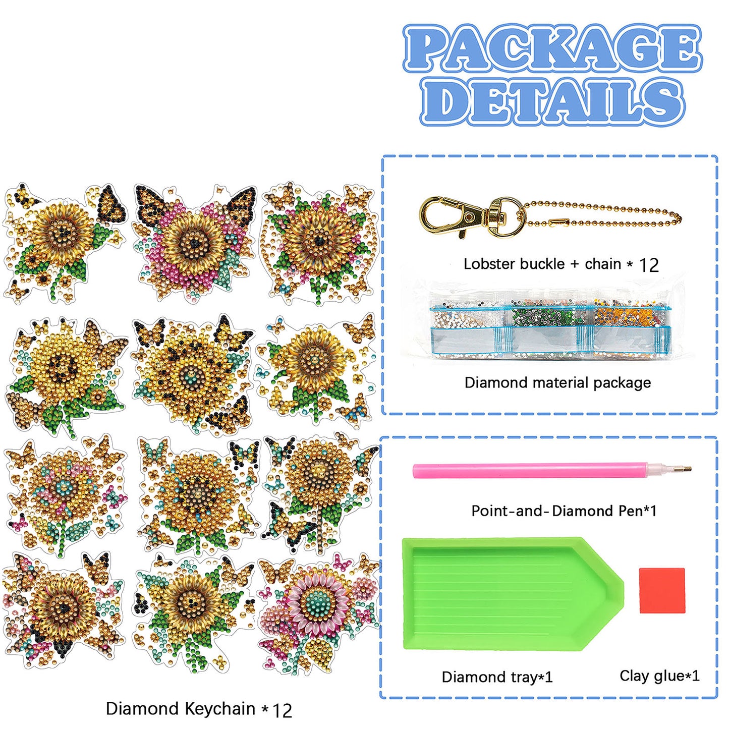 Sunflower 12Pcs 2D Flat DIY Diamond Painting Keychain Crystal Painting Keyring