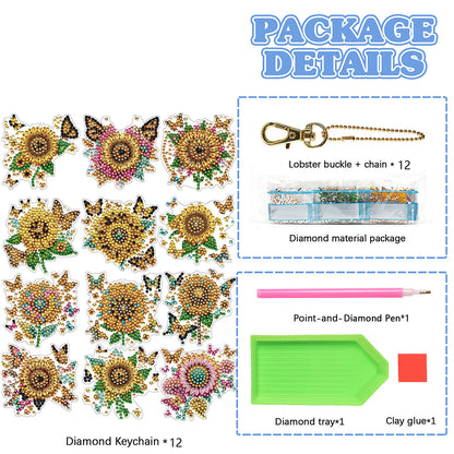 Sunflower 12Pcs 2D Flat DIY Diamond Painting Keychain Crystal Painting Keyring