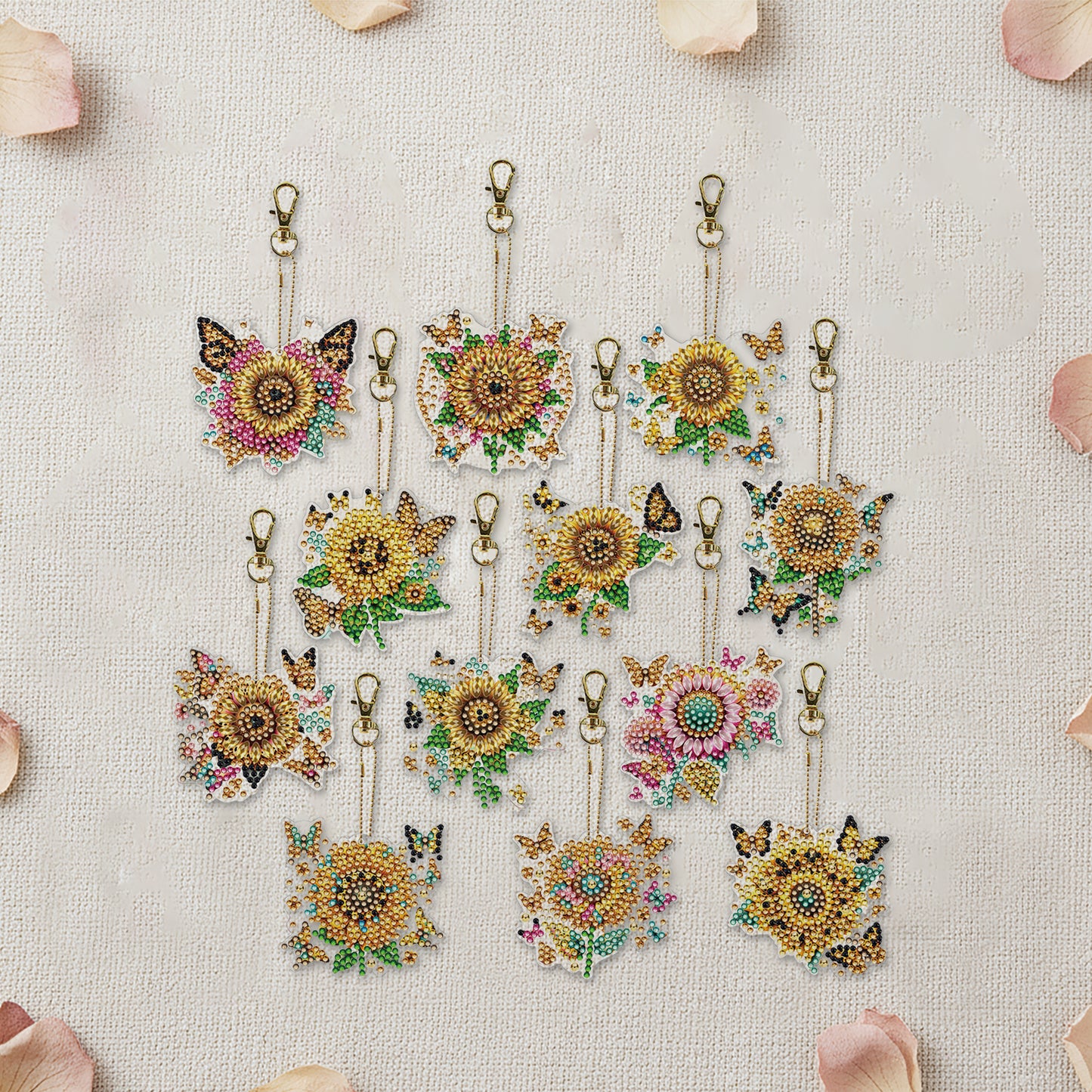Sunflower 12Pcs 2D Flat DIY Diamond Painting Keychain Crystal Painting Keyring
