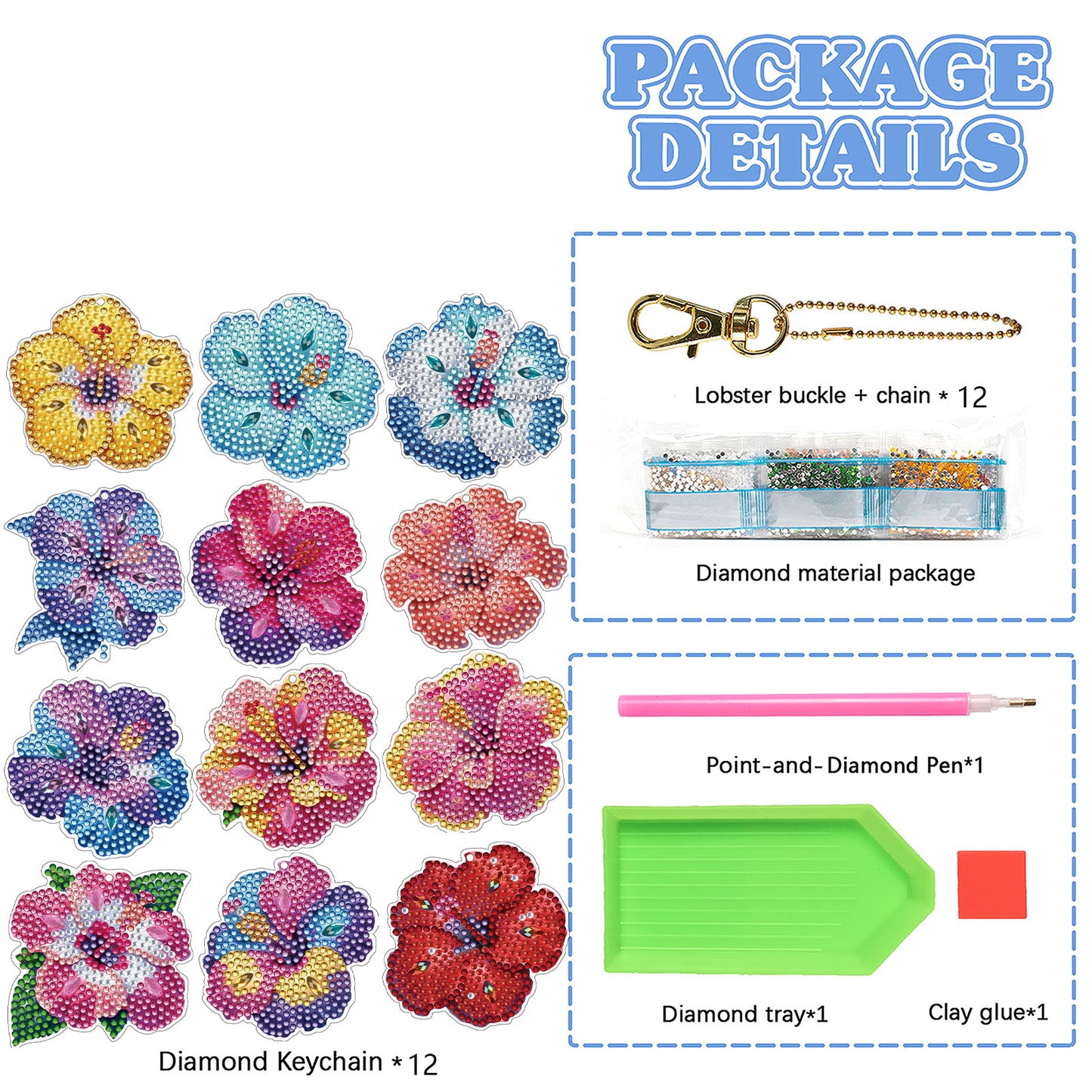 Flower 12Pcs 2D Flat DIY Diamond Painting Keychain PVC Crystal Painting Keyring