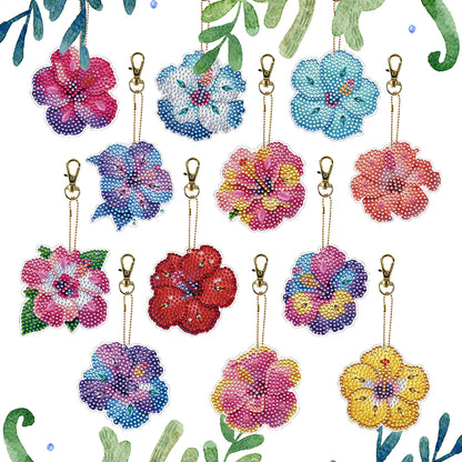 Flower 12Pcs 2D Flat DIY Diamond Painting Keychain PVC Crystal Painting Keyring
