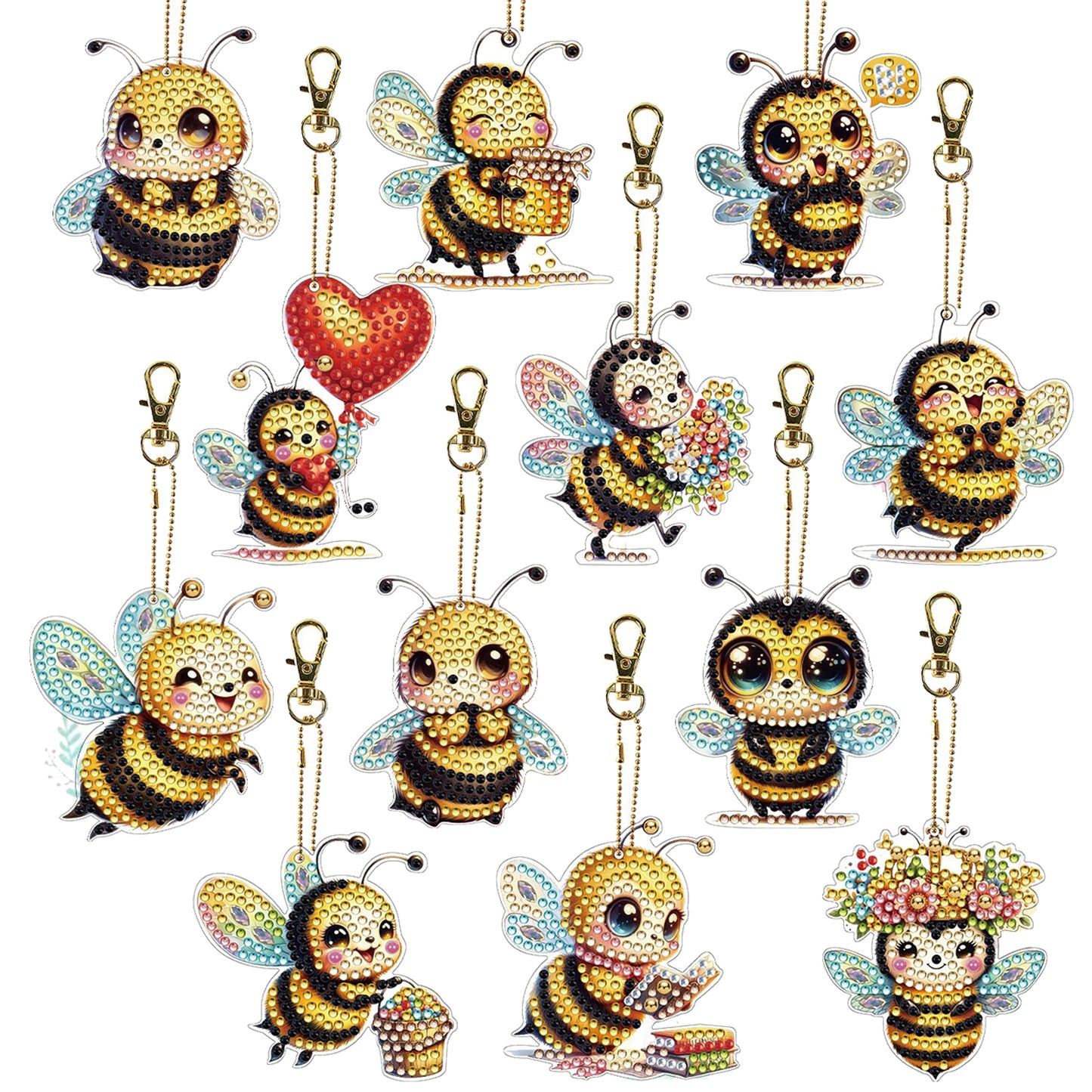Bee 12Pcs 2D Flat DIY Diamond Painting Keychain PVC Crystal Painting Keyring