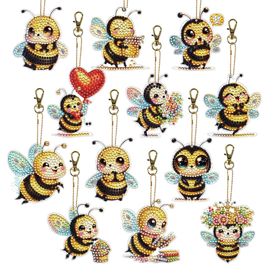 Bee 12Pcs 2D Flat DIY Diamond Painting Keychain PVC Crystal Painting Keyring