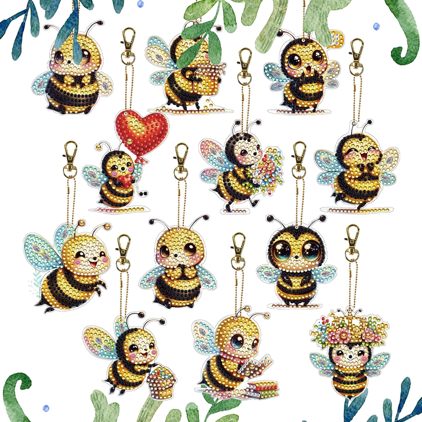 Bee 12Pcs 2D Flat DIY Diamond Painting Keychain PVC Crystal Painting Keyring