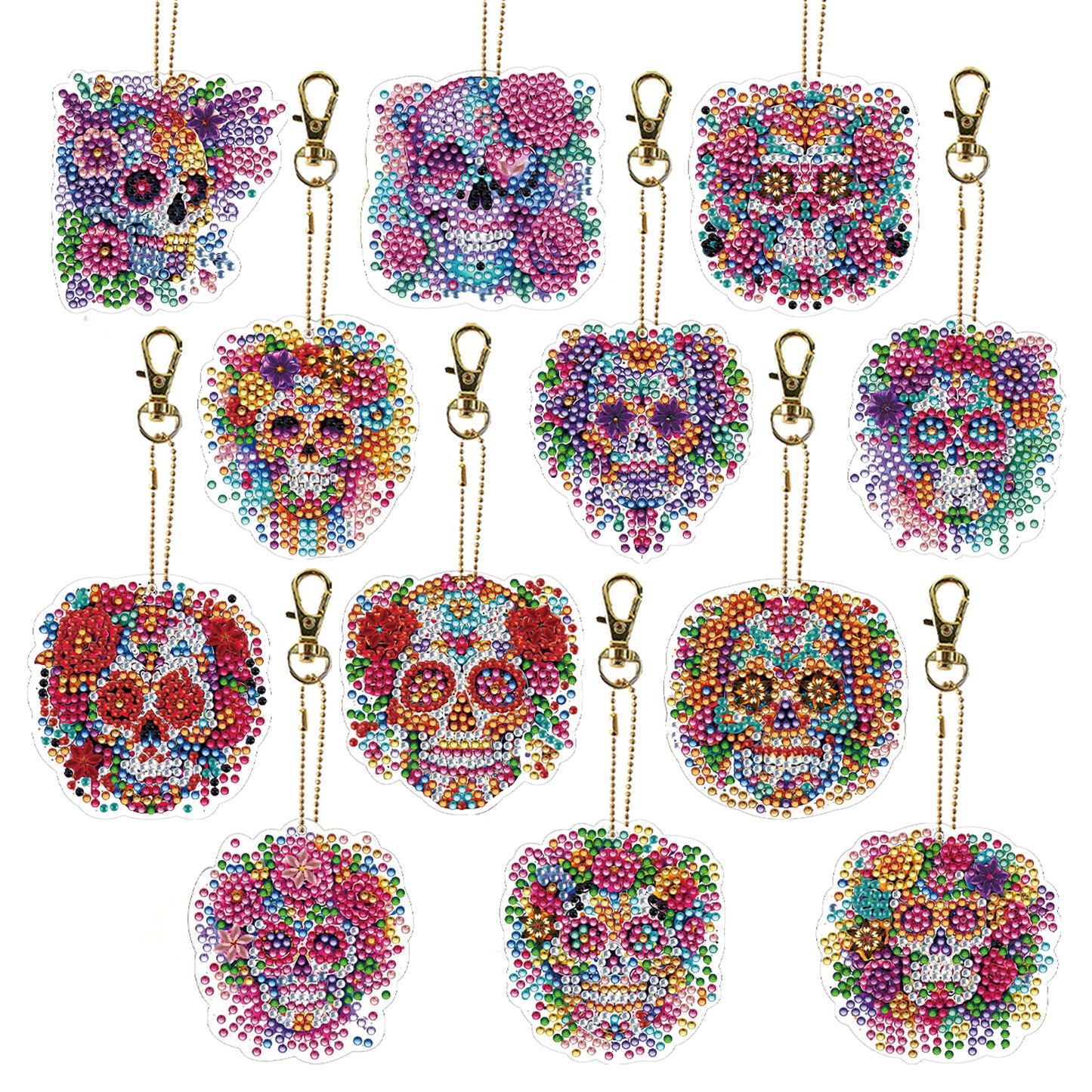 12Pcs 2D Flat DIY Diamond Painting Keychain Crystal Painting Keyring Key Storage