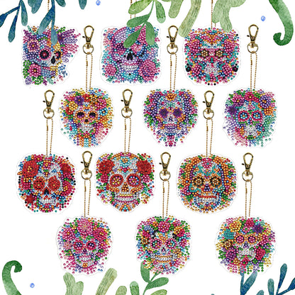 12Pcs 2D Flat DIY Diamond Painting Keychain Crystal Painting Keyring Key Storage