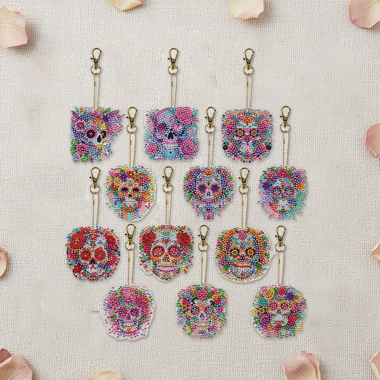 12Pcs 2D Flat DIY Diamond Painting Keychain Crystal Painting Keyring Key Storage