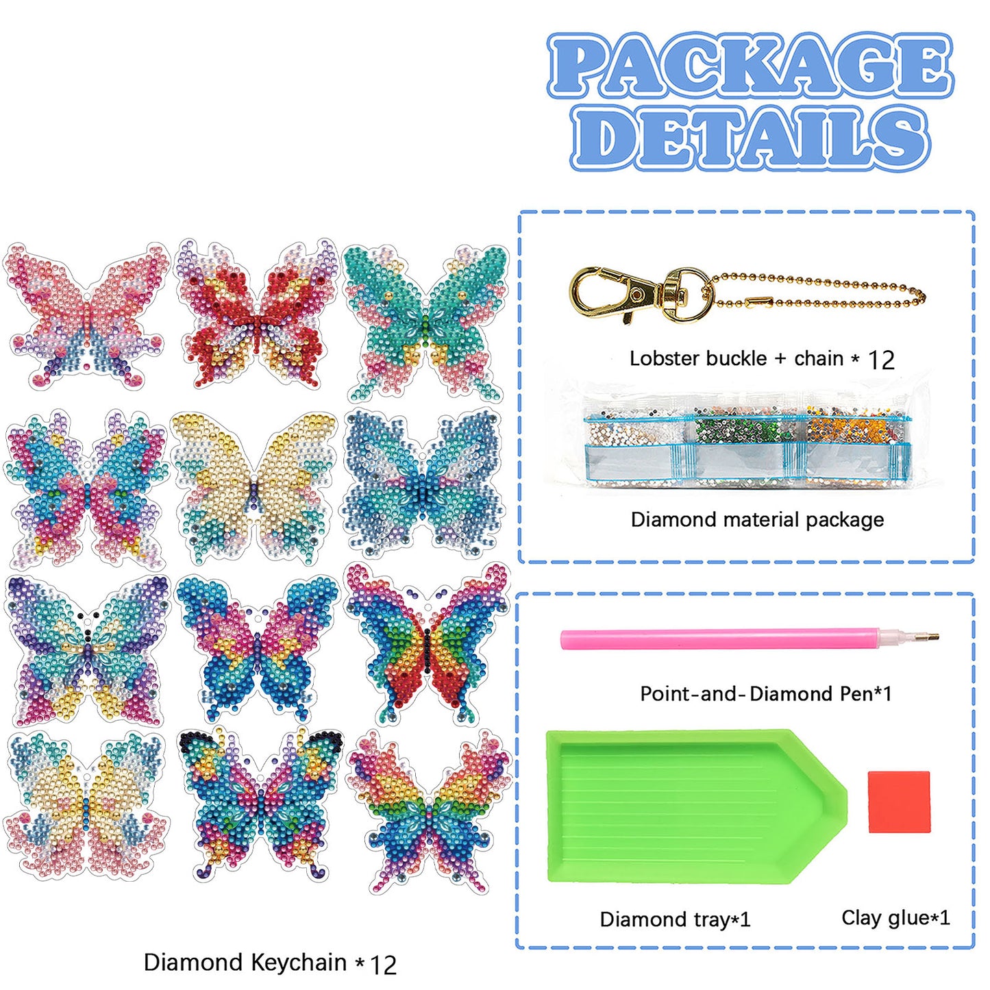 12Pcs 2D Flat DIY Diamond Painting Keychain Crystal Painting Keyring Key Storage