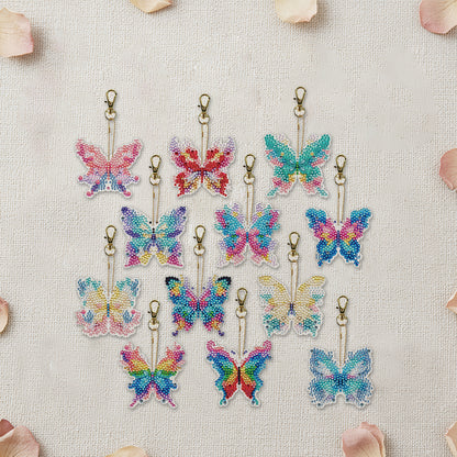 12Pcs 2D Flat DIY Diamond Painting Keychain Crystal Painting Keyring Key Storage