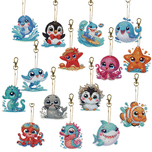 15Pcs Marine Animal DiY Double-Sided Diamond Art Keychain Ornaments Party Decor