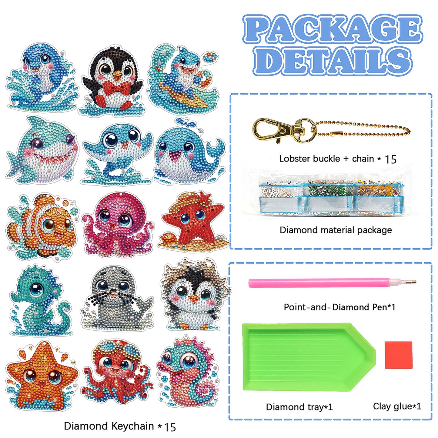 15Pcs Marine Animal DiY Double-Sided Diamond Art Keychain Ornaments Party Decor