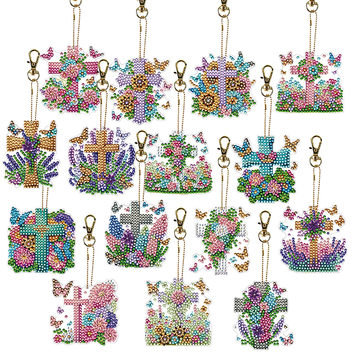 15Pcs Flowers Crosses DiY Double-Sided Diamond Art Keychain Ornament Party Decor
