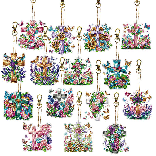 15Pcs Flowers Crosses DiY Double-Sided Diamond Art Keychain Ornament Party Decor