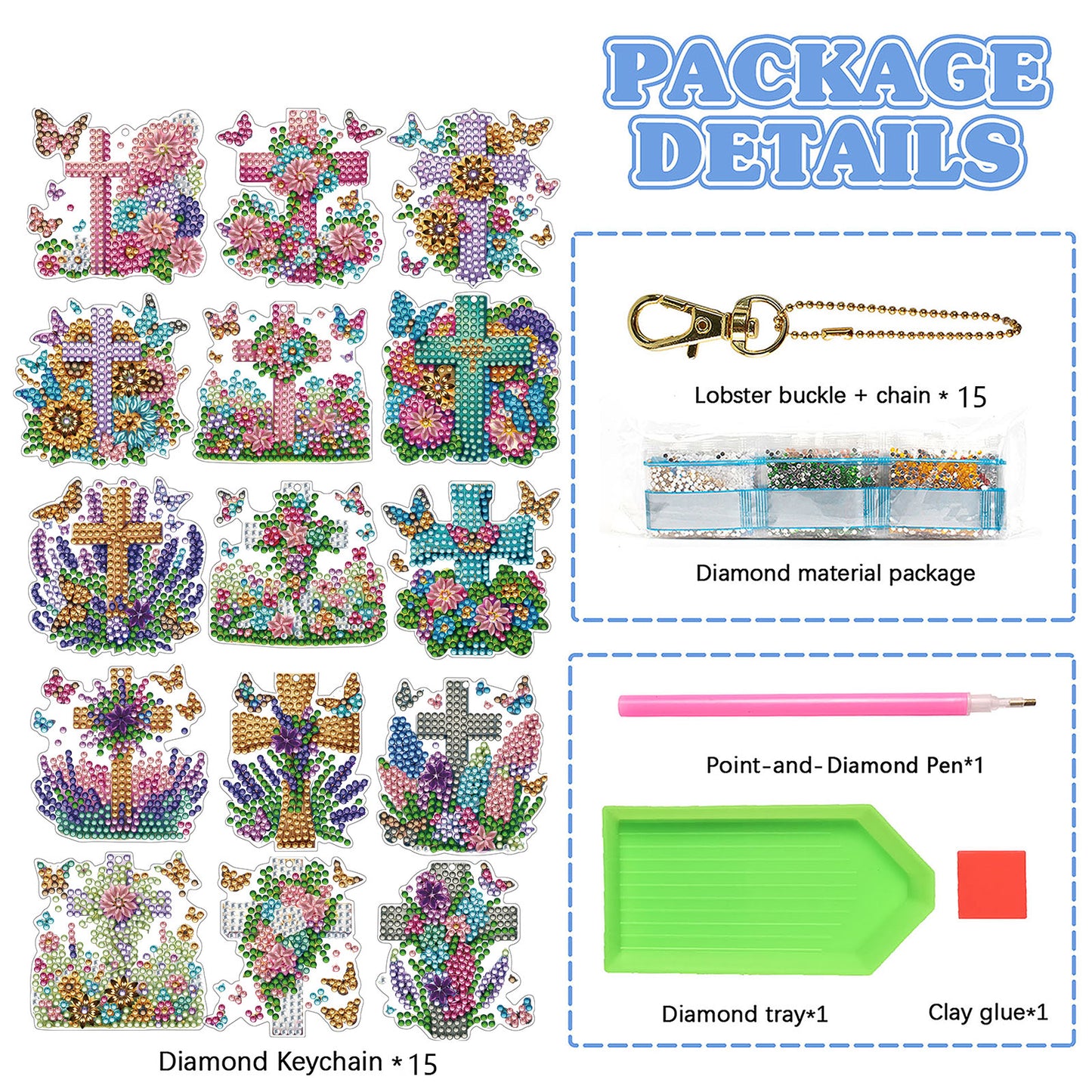 15Pcs Flowers Crosses DiY Double-Sided Diamond Art Keychain Ornament Party Decor