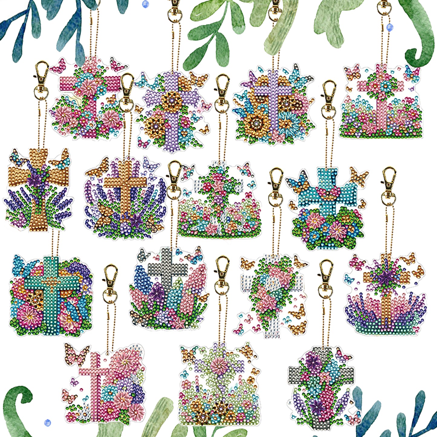 15Pcs Flowers Crosses DiY Double-Sided Diamond Art Keychain Ornament Party Decor